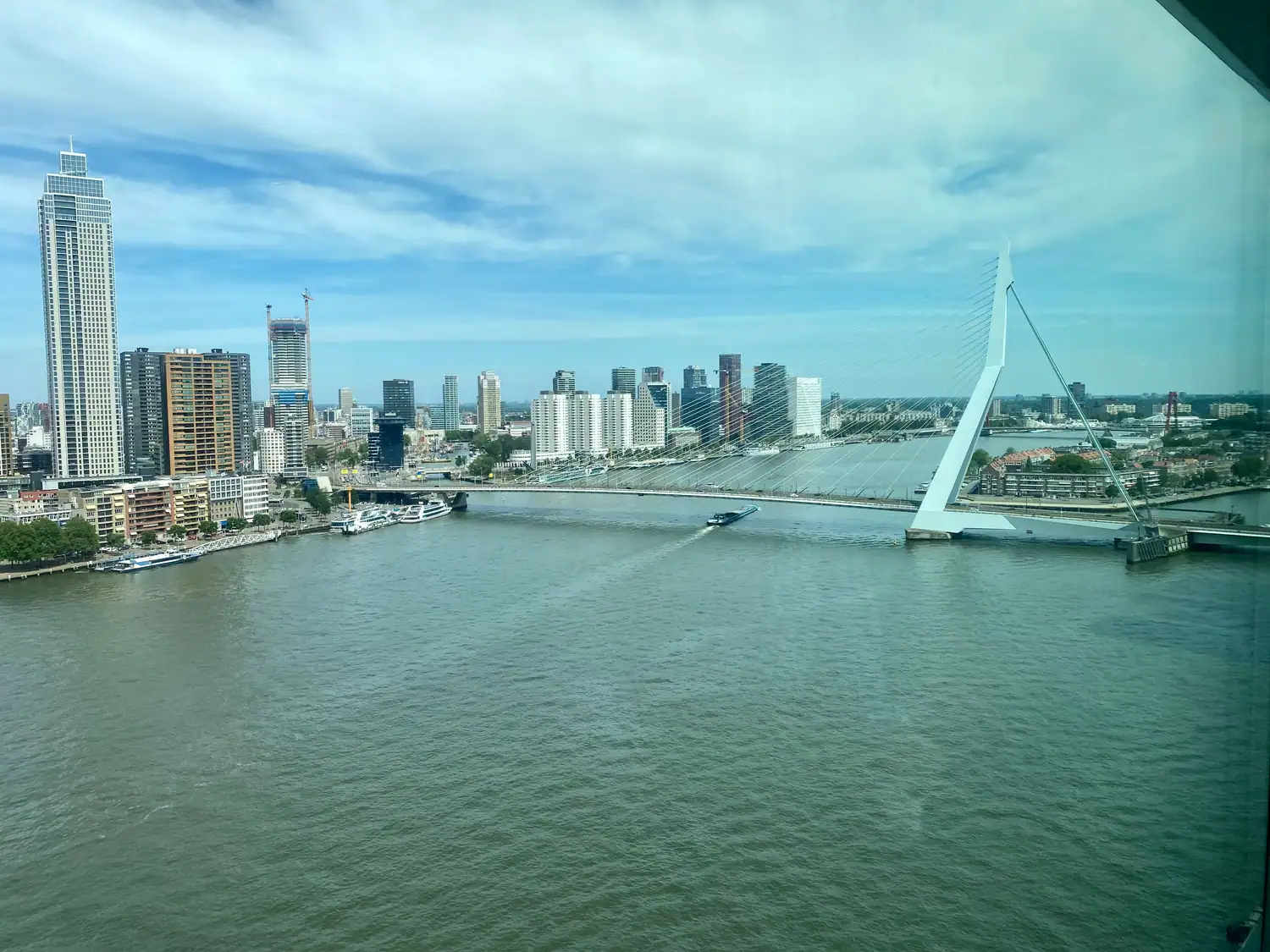 A wide river with a cable stayed bridge and a city skyline along the far bank, seen from high above.
