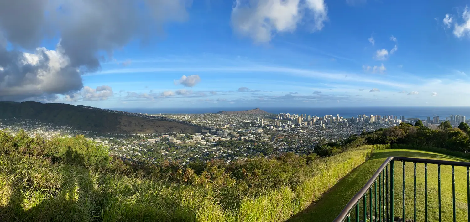 A wide view from a green ridge over a city, its skyline and the sea, with a metal rail fence along the grass at the right and cloud across the sky.
