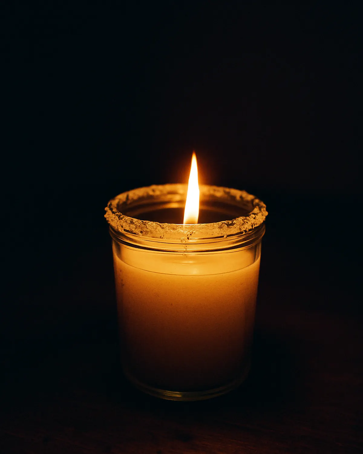 A lit candle in a salted-rim glass jar at night, its glow reaching the edge of a dark table. A generated placeholder image. Nothing has been made.