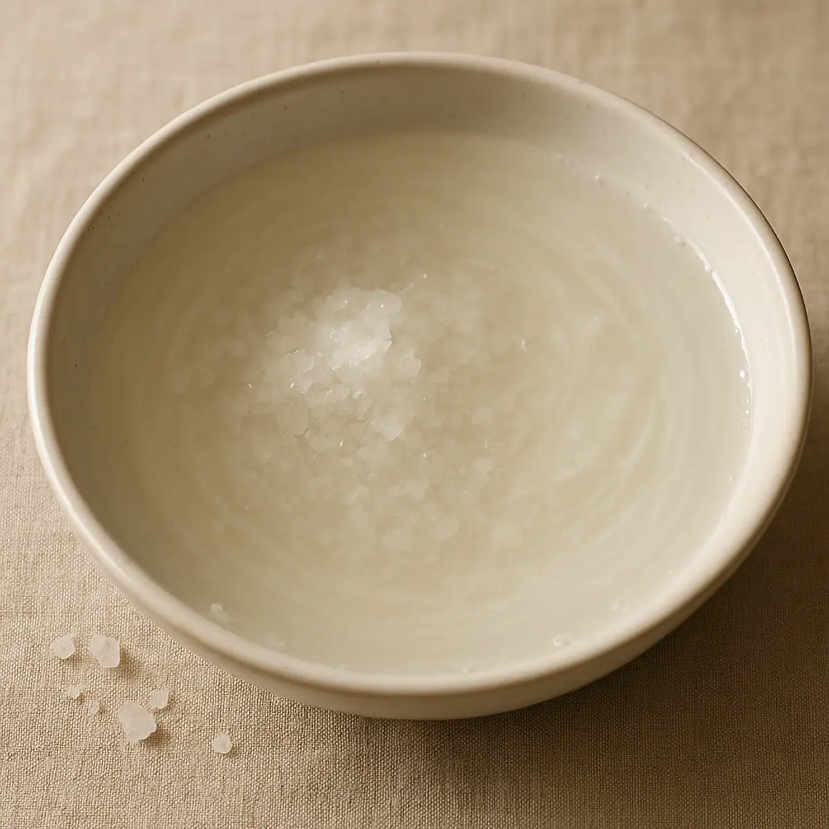 Coarse sea salt dissolving in a shallow cream bowl of warm water, with loose grains scattered on the linen beside it. A generated placeholder image. Nothing has been made.