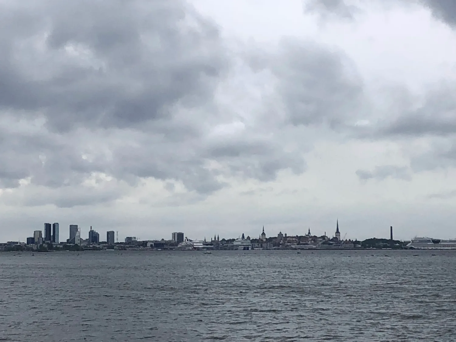 A skyline of towers across the water seen from a shore.