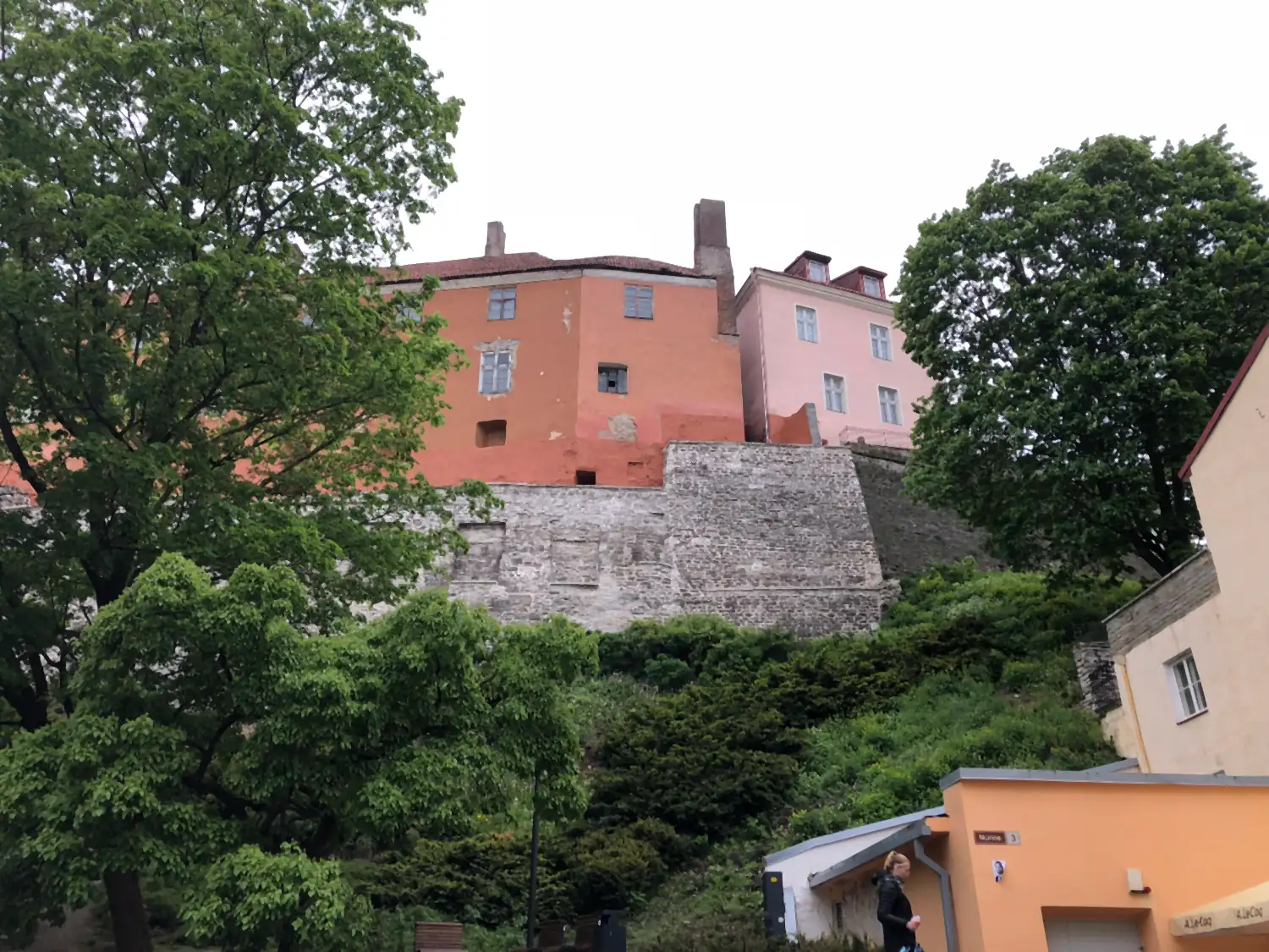 A hillside of houses and trees above a stone wall.