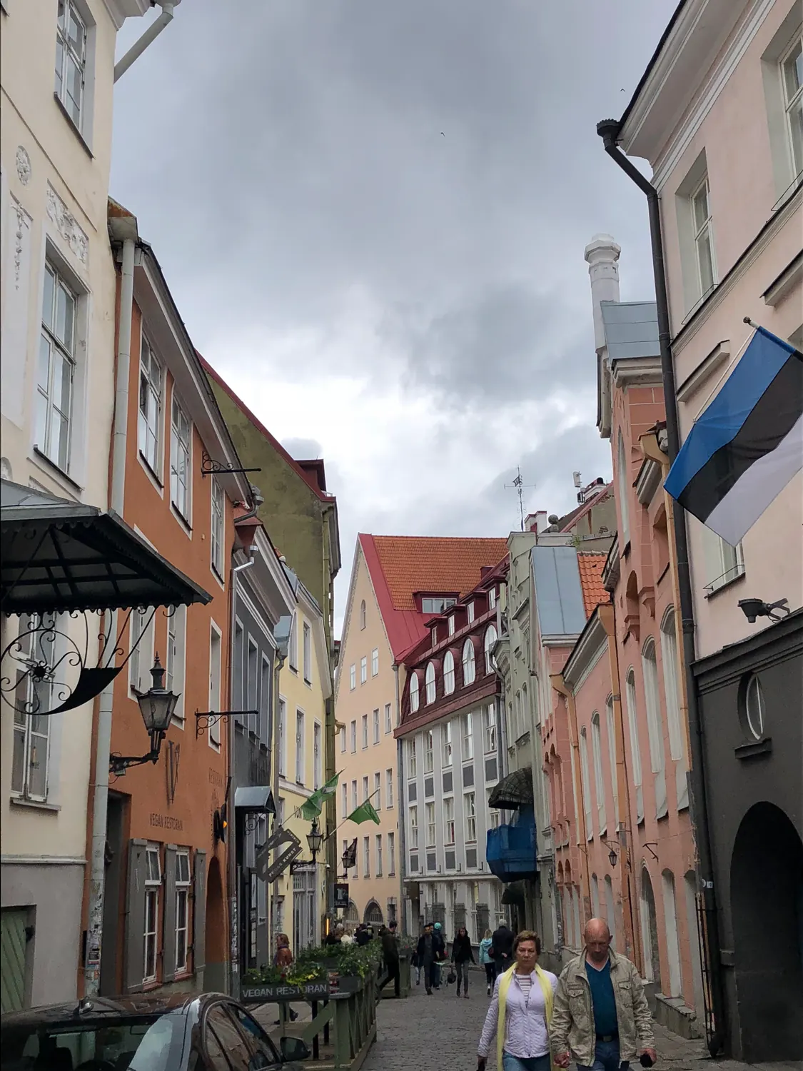 A street of tall houses with people walking away and a flag of three colours.