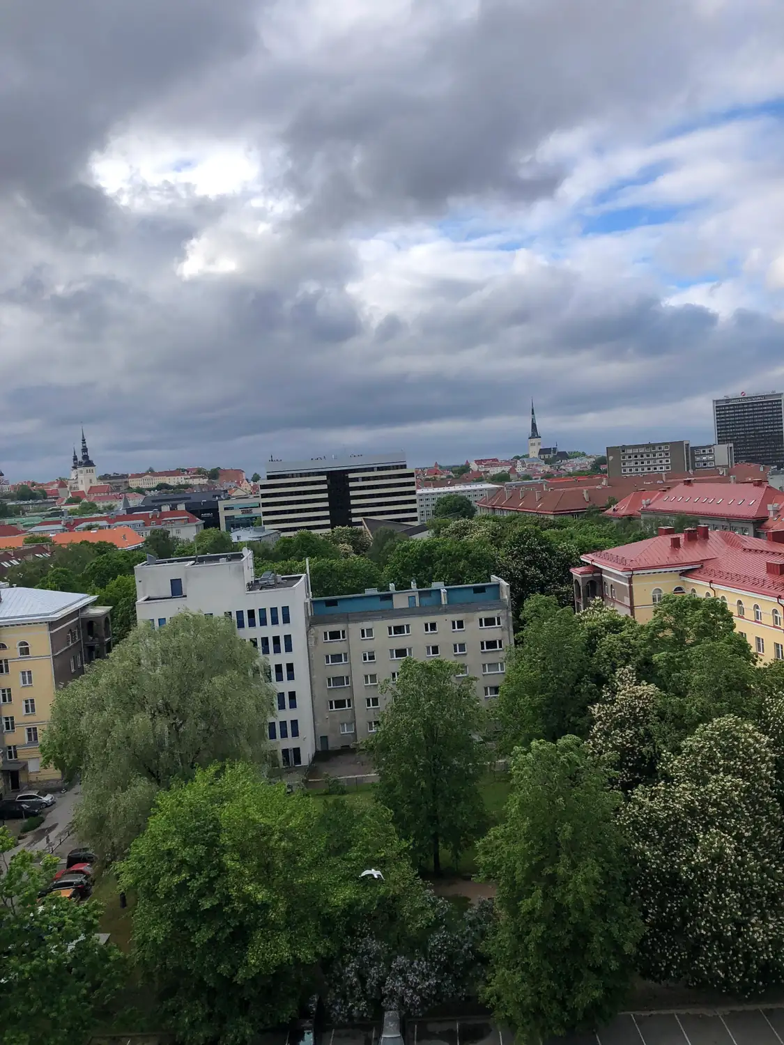 An old town seen from a window: red roofs and towers below a wide clouded sky, with trees and a modern block in the middle distance.