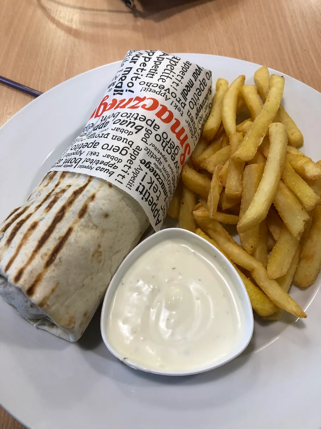 A wrapped flatbread on a plate with a pile of fries and a small dish of sauce beside it.