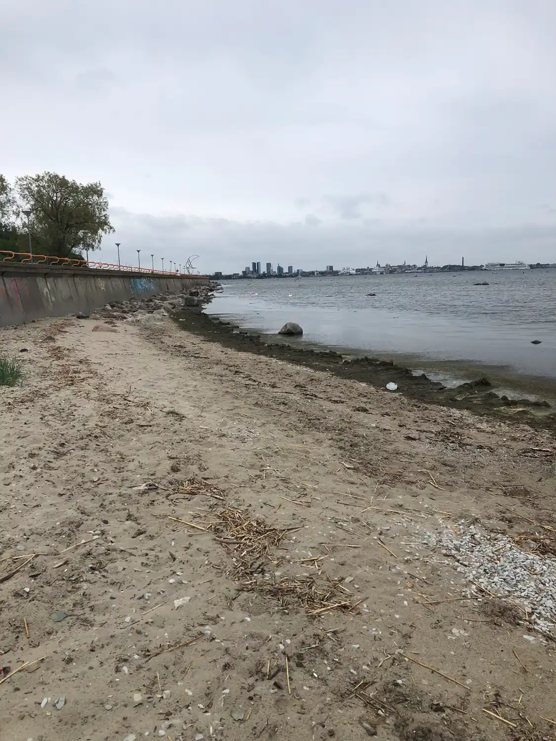 A sandy path running along a beach towards a distant skyline across the water.
