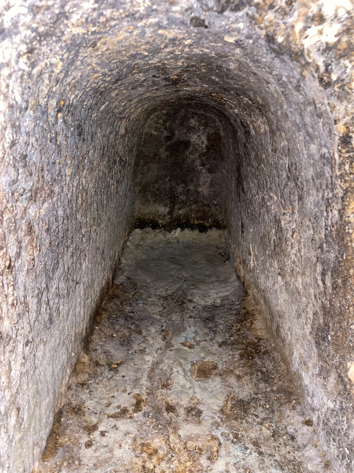 A rough passage cut through solid rock running away to a dark end, its walls pale and pitted and its floor uneven.