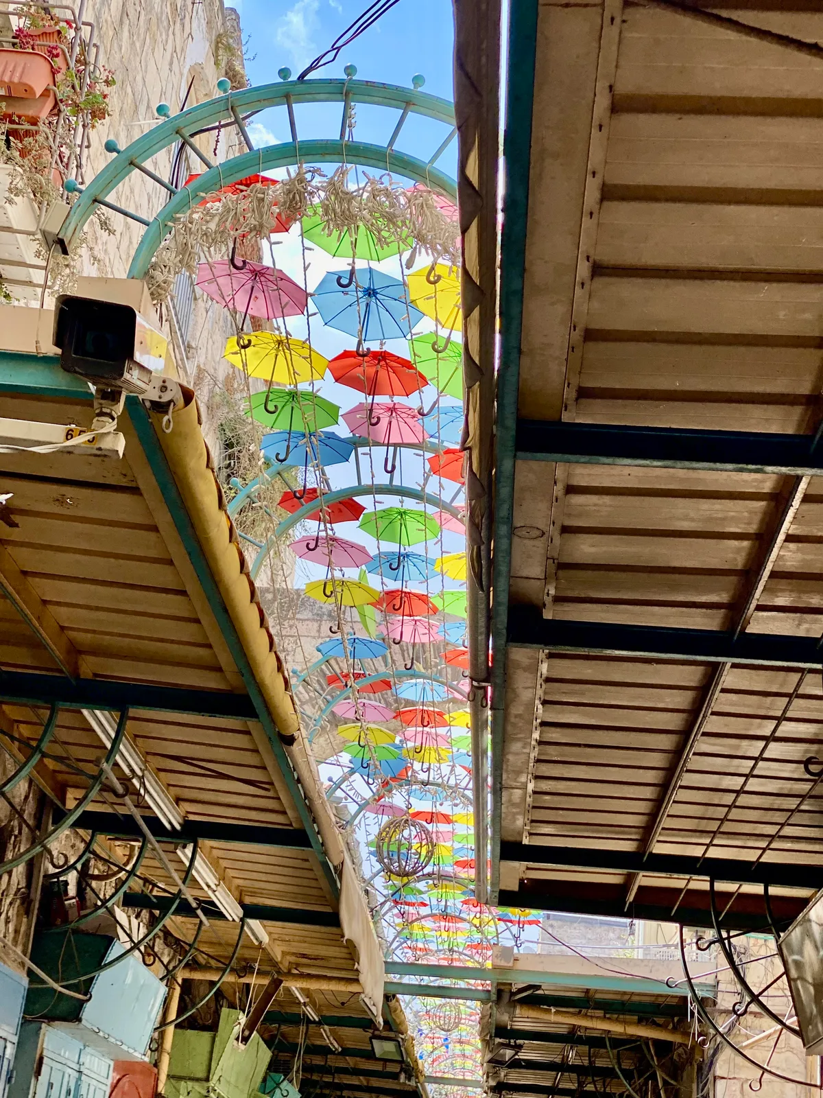 A narrow stone lane seen from below with rows of coloured umbrellas hung high between the buildings, awnings and wires crossing overhead and a planter at the side.