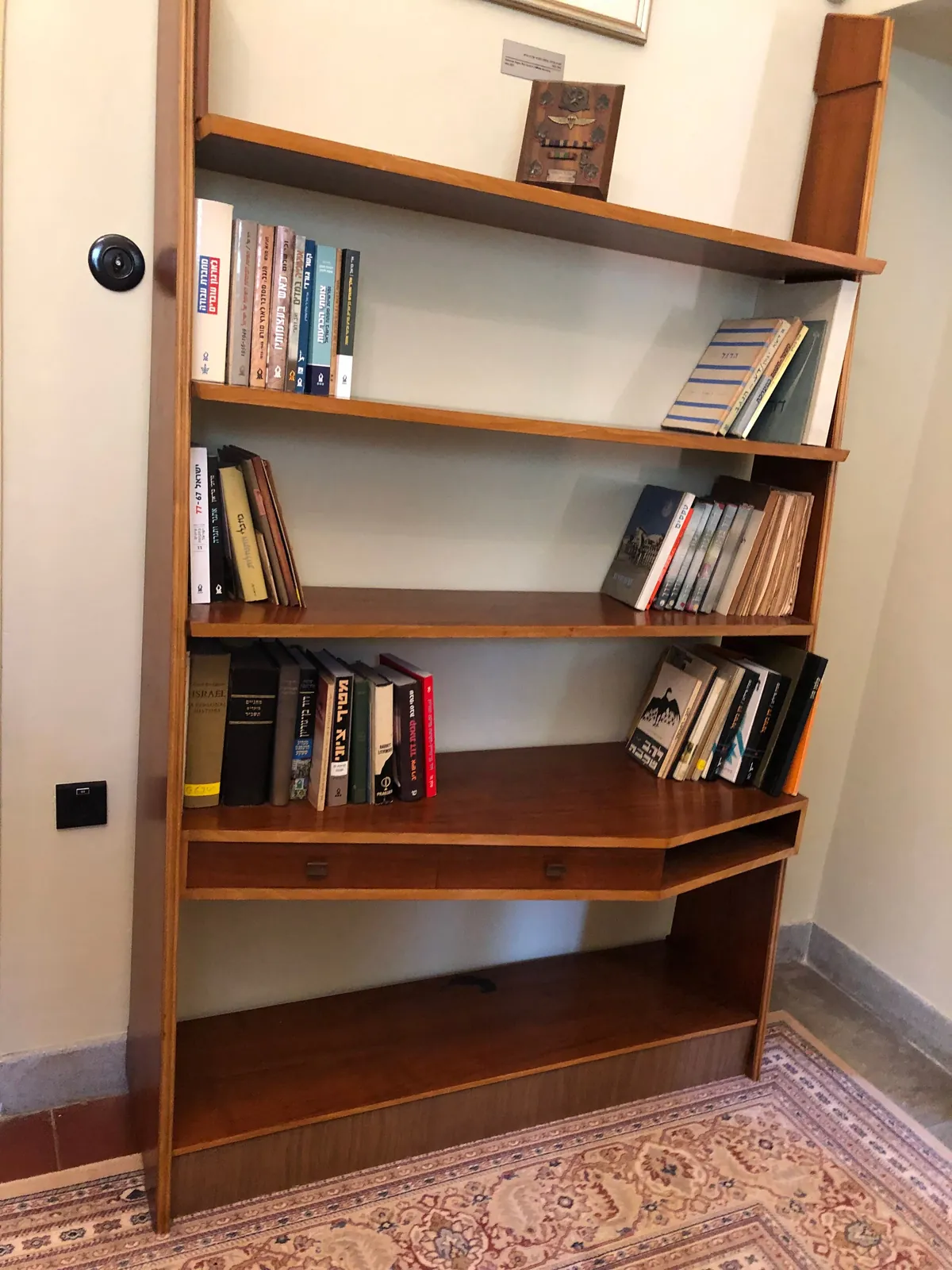 A wooden bookcase against a cream wall with books on every shelf, a small dark plaque above it and a patterned rug on the floor in front.