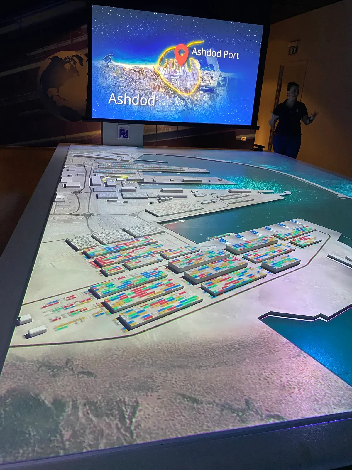 The same port model seen from the other side, a screen above it showing a map, and a person in a dark shirt standing at the right with both hands raised.
