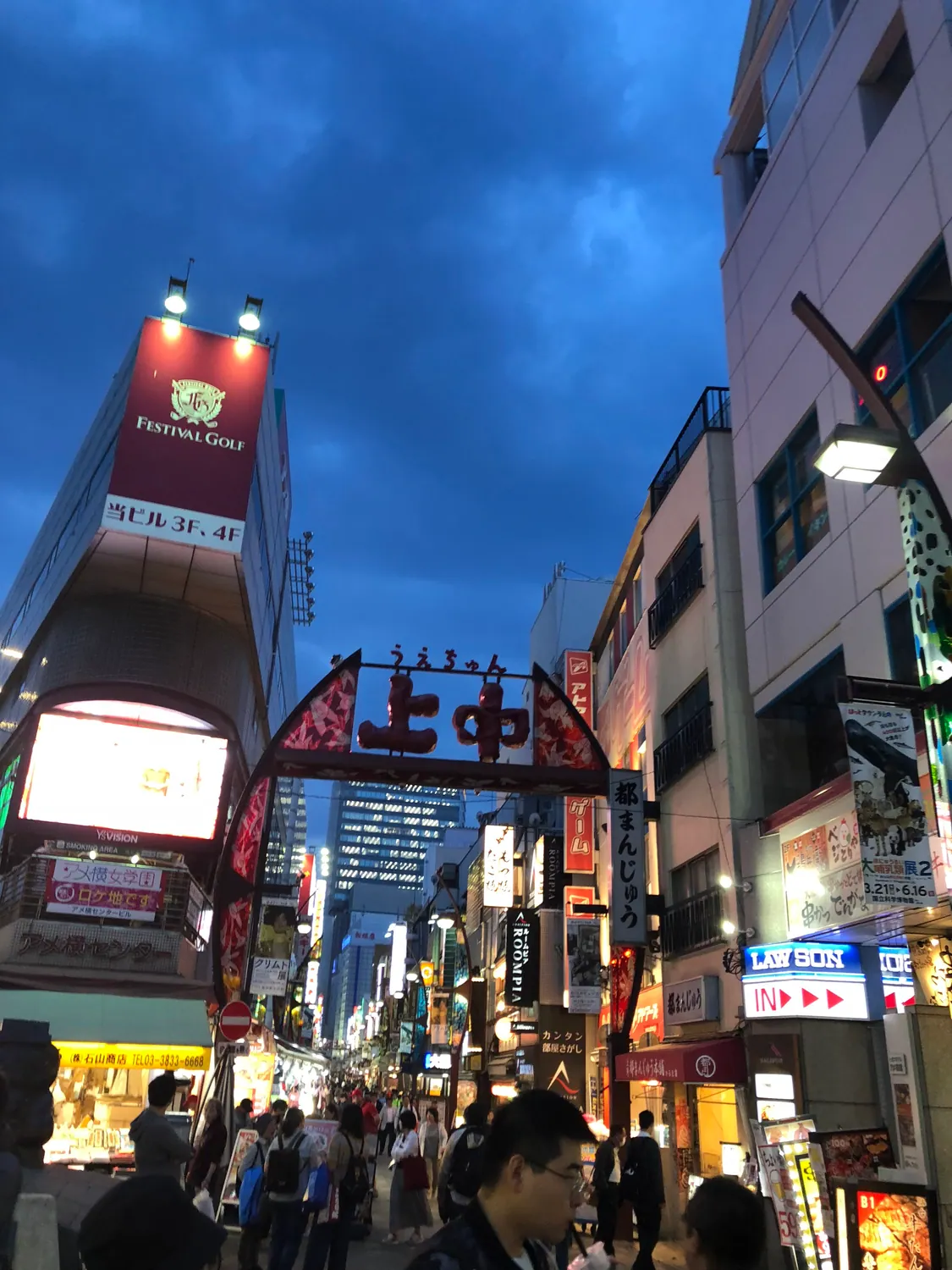 A crowded street at dusk with an ornamental sign and lanterns spanning the lane, people walking away between the lit shopfronts.