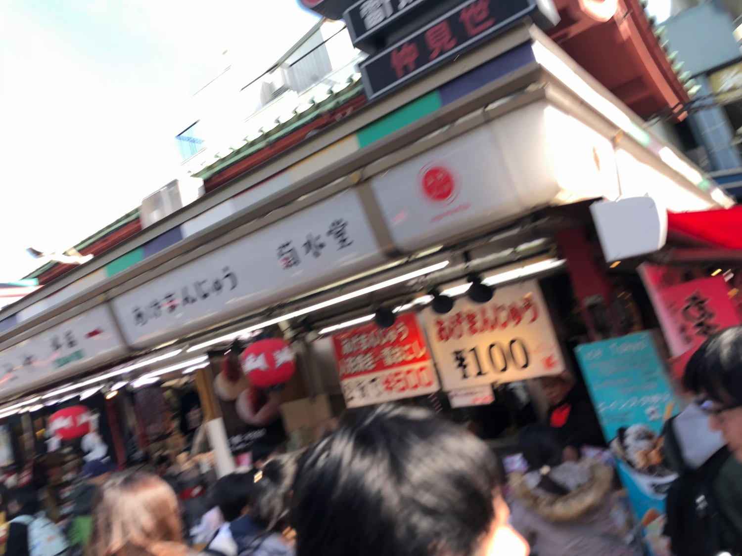 A covered shopping street under its awning, shop signs and hanging price banners above a crowd of people walking between the shopfronts.