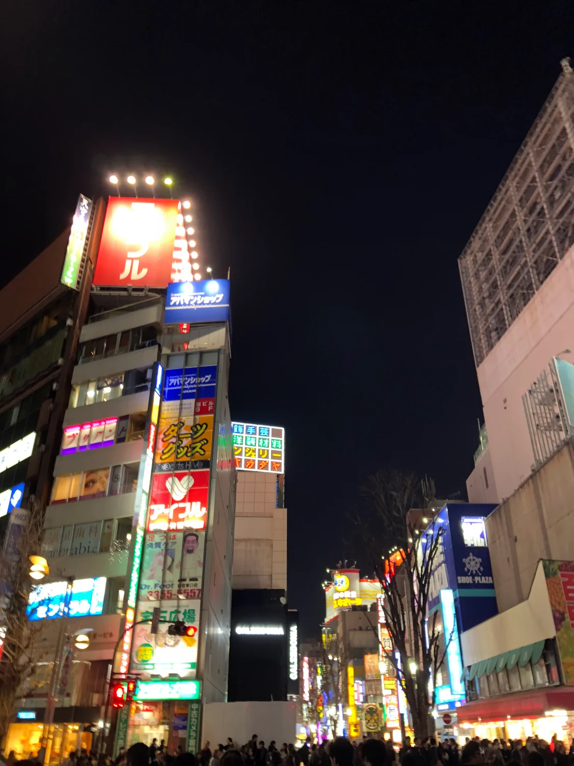 A night street between buildings with its signs lit above the pavement.
