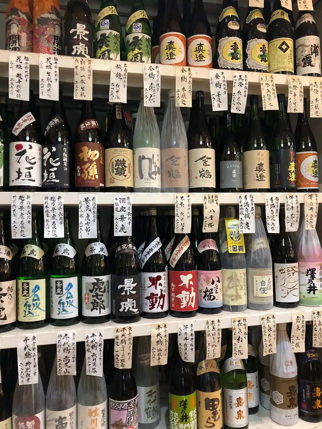 Shelves of bottles with printed labels in a shop, rows of them facing outward.