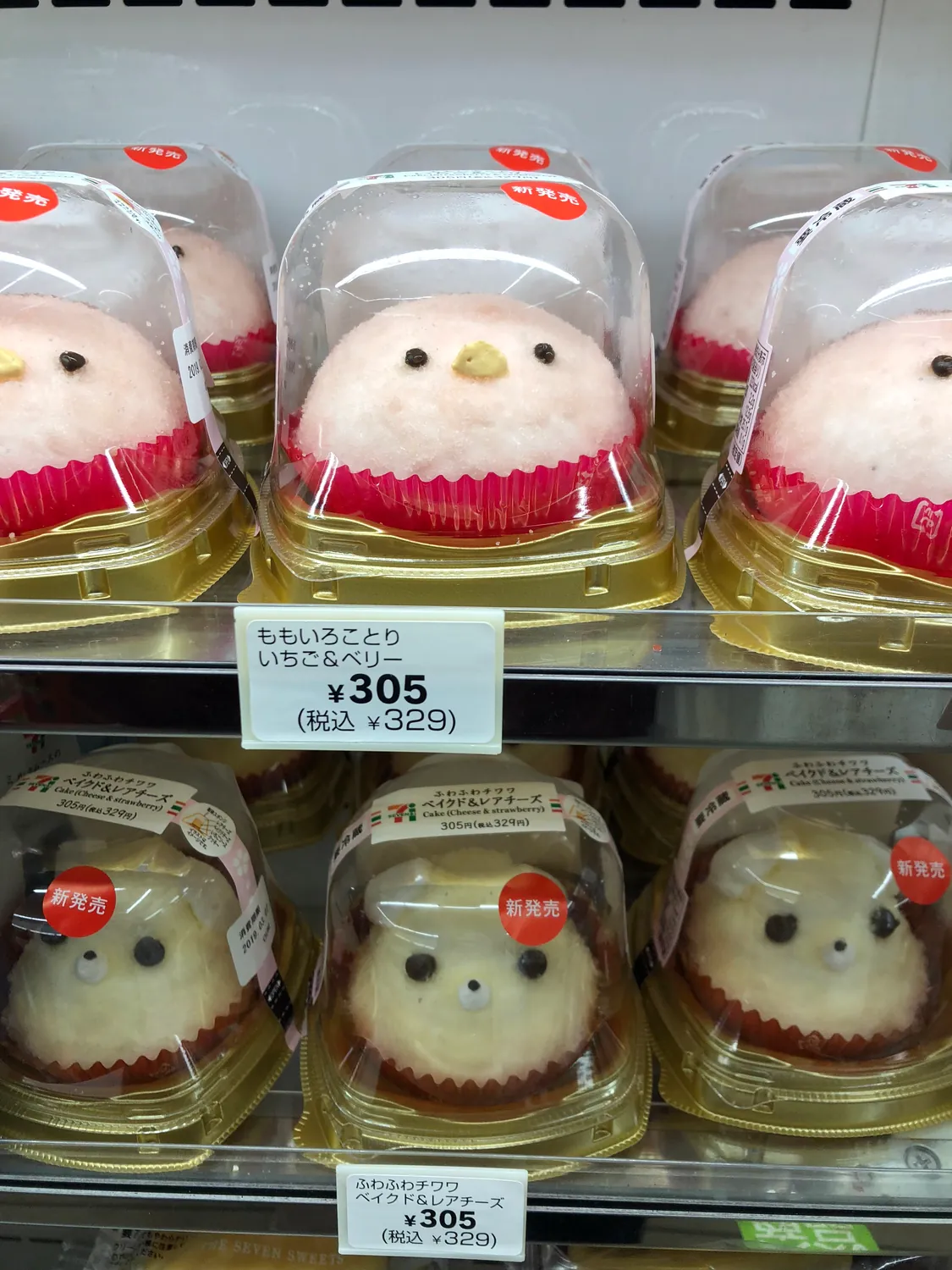 A lit display case of sealed cakes with printed labels and price cards on two shelves.